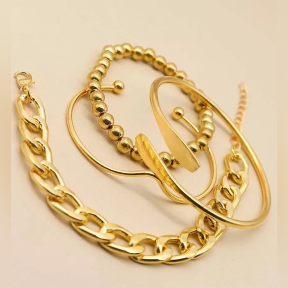 4 Piece Stackable Gold Bold statement Bracelet Set - Picture 2 of 4